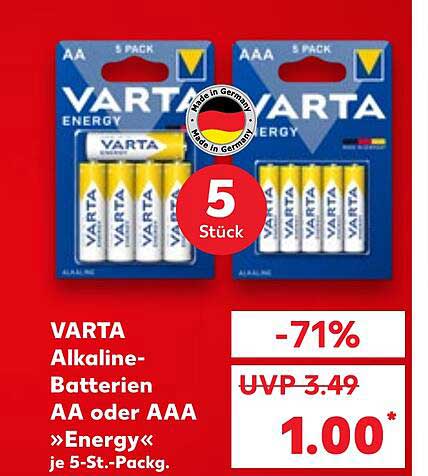 VARTA Alkaline-Batterien AA oder AAA »Energy« je 5-Stück-Packung