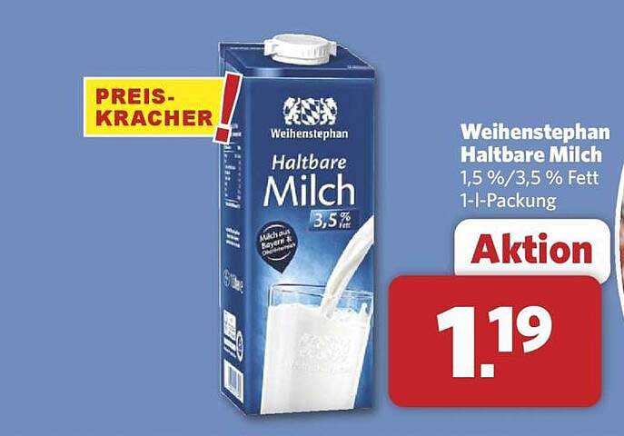 Weihenstephan Haltbare Milch 1,5 %/3,5 % Fett 1-I-Packung