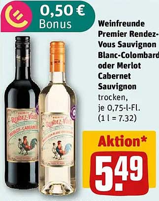 Weinfreunde Premier Rendez-Vous Sauvignon Blanc-Colombard oder Merlot Cabernet Sauvignon, je 0,75-L-Fl.