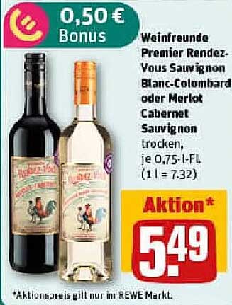 Weinfreunde Premier Rendez-Vous Sauvignon Blanc-Colombard oder Merlot Cabernet Sauvignon trocken, je 0.75 l