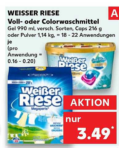 WEISSER RIESE Voll- oder Colorwaschmittel 990 ml / Caps 216 g oder Pulver 1,14 kg