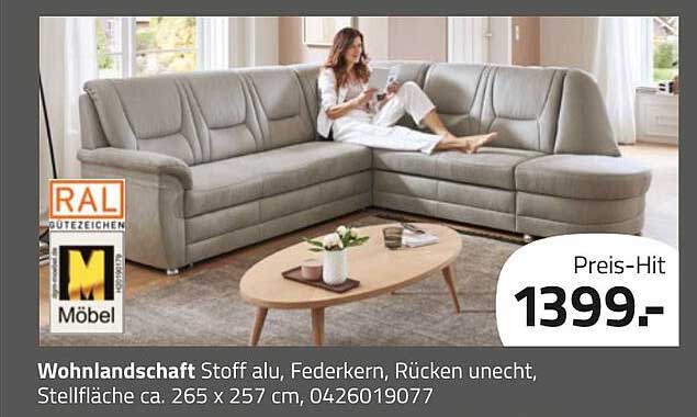 Wohnlandschaft Stoff alu, Federkern, Rücken unecht, Stellfläche ca. 265 x 257 cm