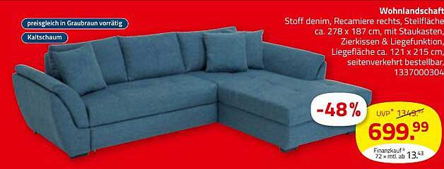 Wohnlandschaft Stoff denim, Recamiere rechts, Stellflächen ca. 278 x 187 cm, mit Stauraum