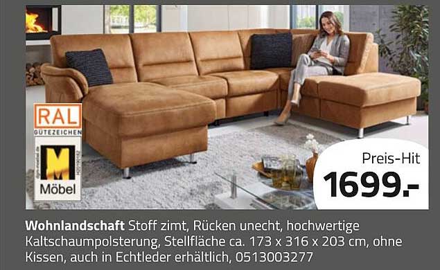 Wohnlandschaft Stoff zimt, Rücken unecht, hochwertige Kaltschaumpolsterung