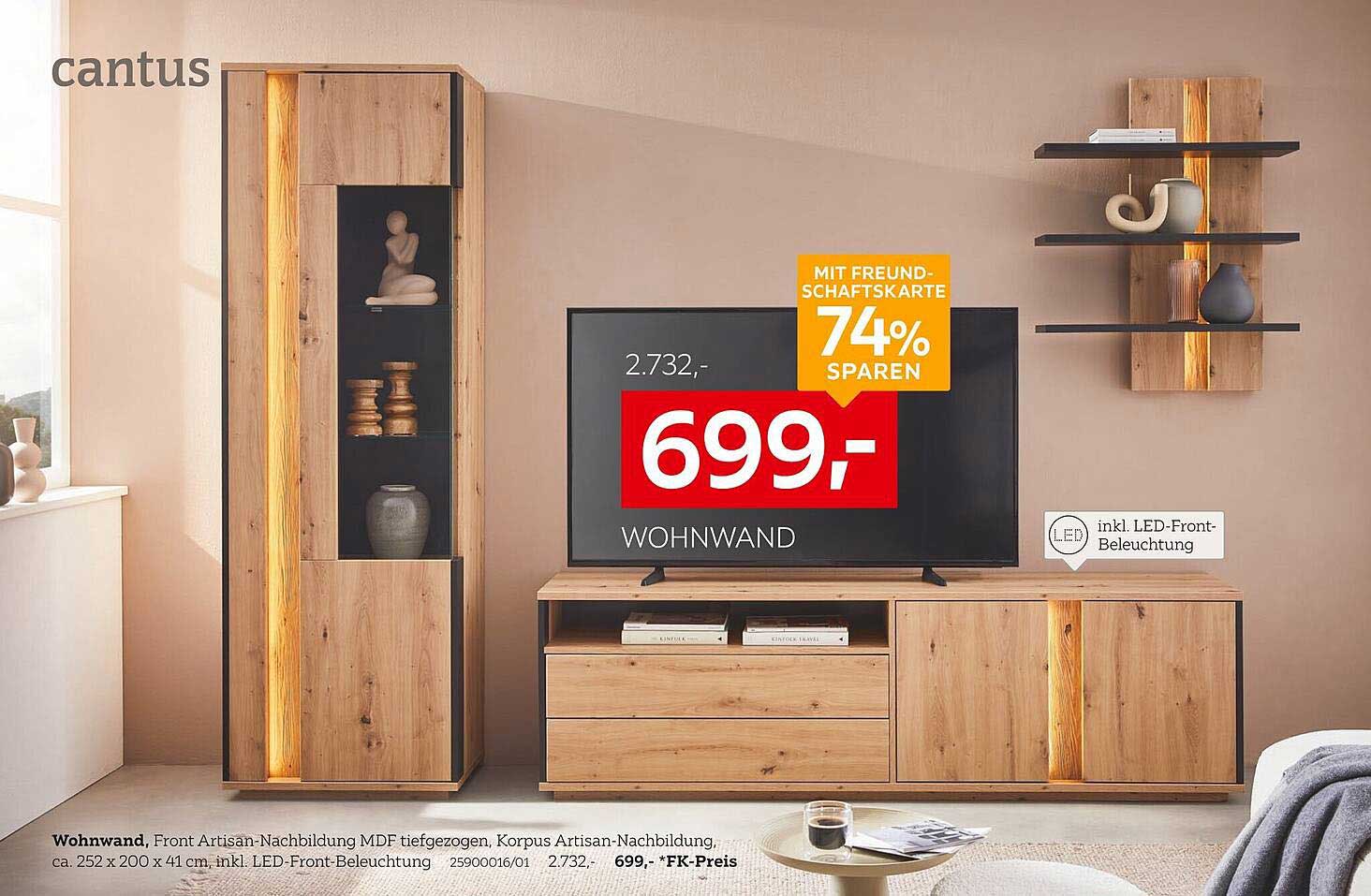 Wohnwand, Front Artisan-Nachbildung MDF tiefgezogen, Korpus Artisan-Nachbildung, inkl. LED-Front-Beleuchtung