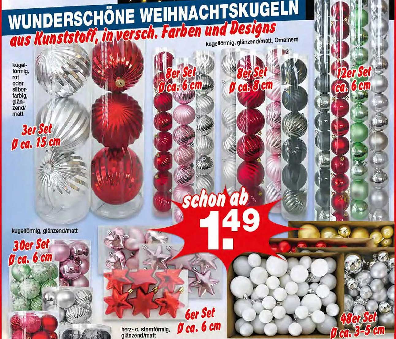 Wunderschöne Weihnachtskugeln aus Kunststoff in verschiedenen Farben und Designs