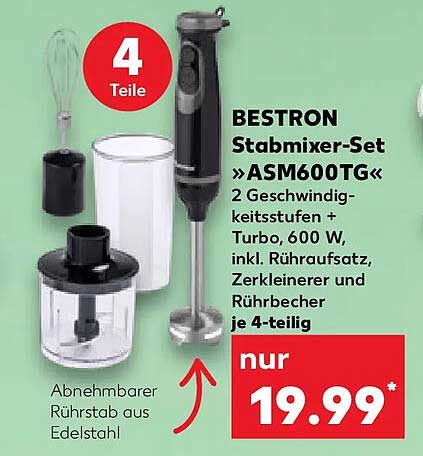 BESTRON Stabmixer-Set »ASM600TG« 2 Geschwindigkeitsstufen + Turbo, 600 W, inkl. Rühraufsatz, Zerkleinerer und Rührbecher je 4-teilig