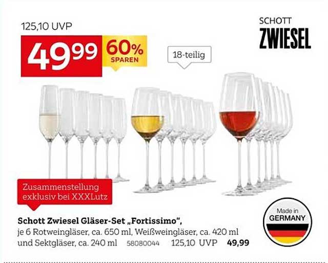 Schott Zwiesel Gläser-Set „Fortissimo“, je 6 Rotweingläser, ca. 650 ml, Weißweingläser, ca. 420 ml und Sektgläser, ca. 240 ml