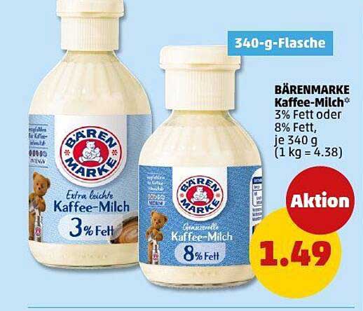 Bärenmarke Kaffee-Milch 3% oder 8% Fett, 340-g-Flasche