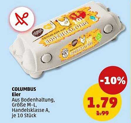 COLUMBUS Eier - Aus Bodenhaltung, Größe M-L, Handelsklasse A, je 10 Stück