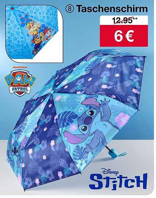 Disney Taschenregenschirm mit Paw Patrol und Stitch Design
