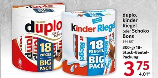 duplo, kinder Riegel oder Schoko Bons – 300-g/18-Stück-Beutel-Packung