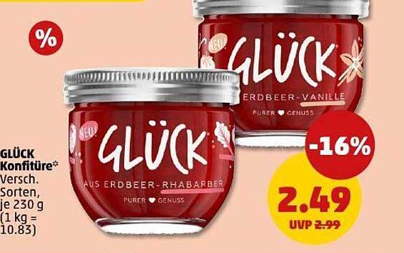 GLÜCK Konfitüre Sorten Erdbeer-Rhabarber und Erdbeer-Vanille 230 g