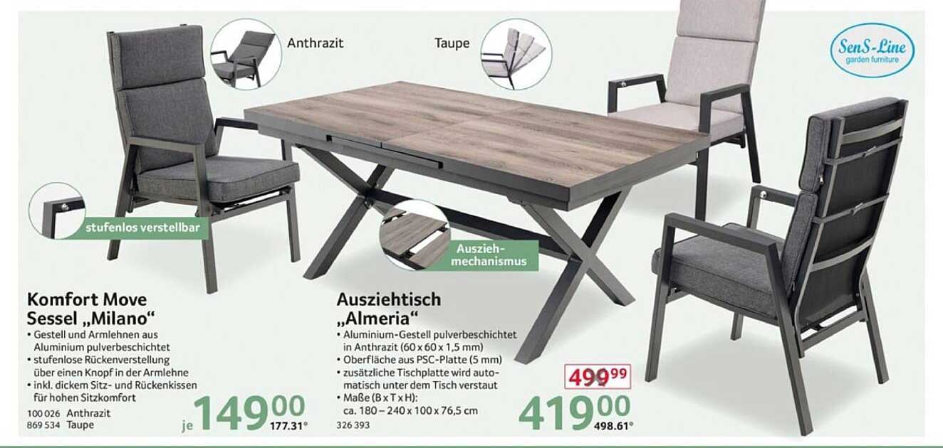 Komfort Move Sessel „Milano“ und Ausziehtisch „Almeria“