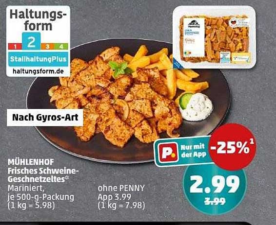MÜHLENHOF Frisches Schweine-Geschnetzeltes Nach Gyros-Art, 500-g-Packung