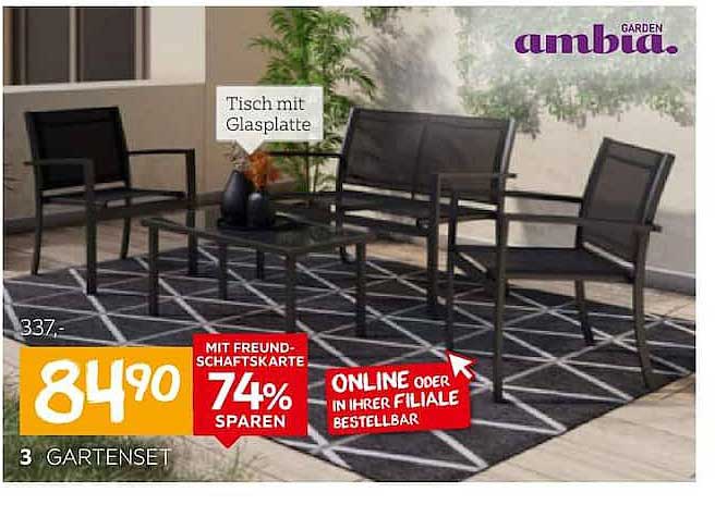 3 GARTENSET Tisch mit Glasplatte