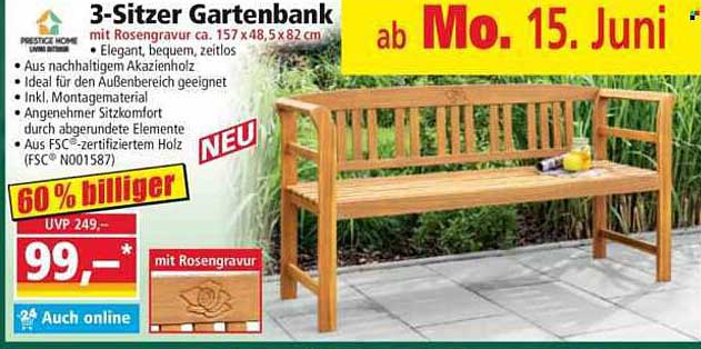 3-Sitzer Gartenbank mit Rosengravur ca. 157 x 48,5 x 82 cm