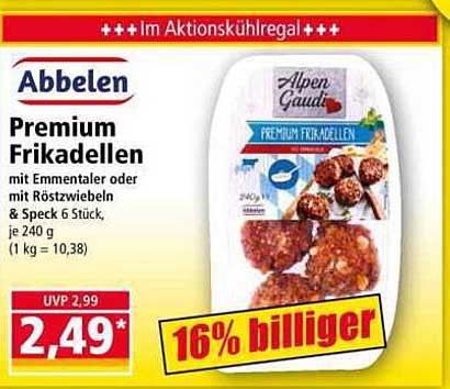 Abbeln Premium Frikadellen mit Emmentaler oder mit Röstzwiebel & Speck 6 Stück, je 240 g (1 kg = 10,38)