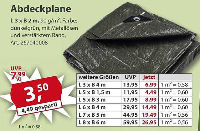 Abdeckplane L 3 x B 2 m, 90 g/m², Farbe: dunkelgrün, mit Metallösen und verstärktem Rand, Art. 267040008