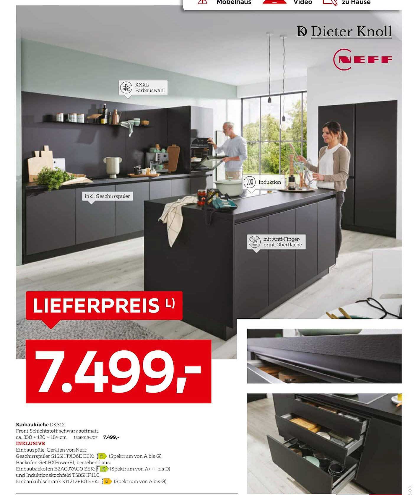 Einbauküche DK312, Front Schichtstoff schwarz softmatt, ca. 330 + 120 + 184 cm