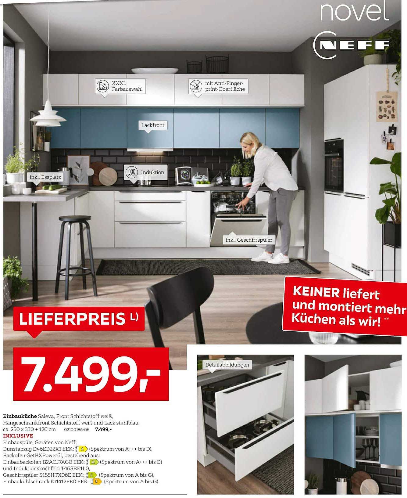 Einbauküche Saleva, Front Schichtstoff weiß, Hängeschrankfront Schichtstoff weiß und Lack stahlblau