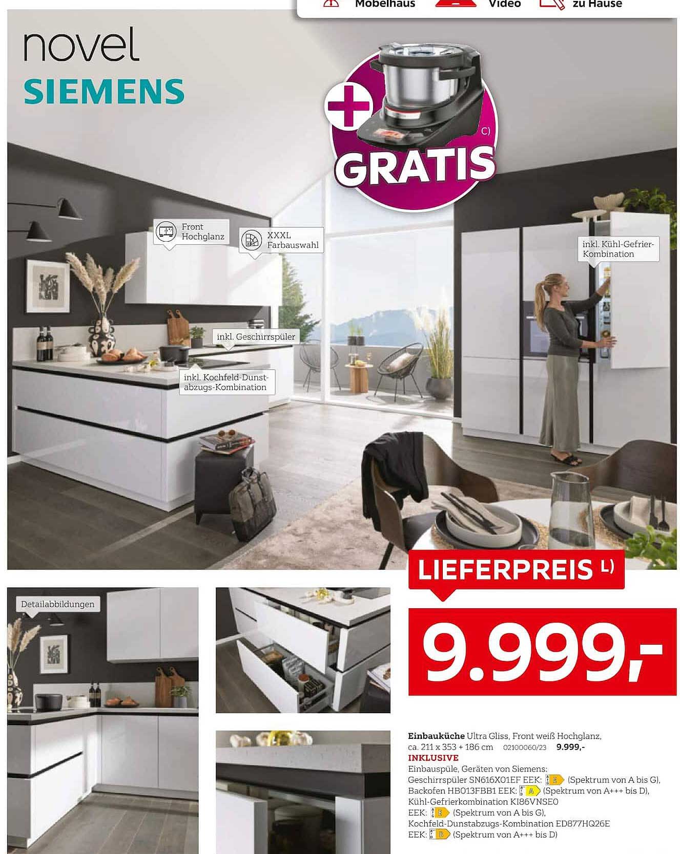 Einbauküche Ultra Gloss, Front weiß Hochglanz, ca. 211 x 353 + 186 cm