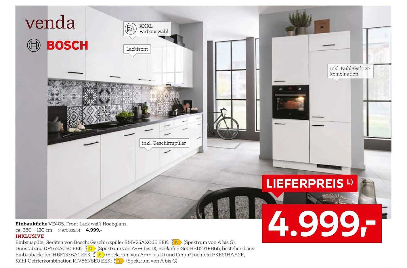 Einbauküche VE405, Front Lack weiß Hochglanz, ca. 360 + 120 cm