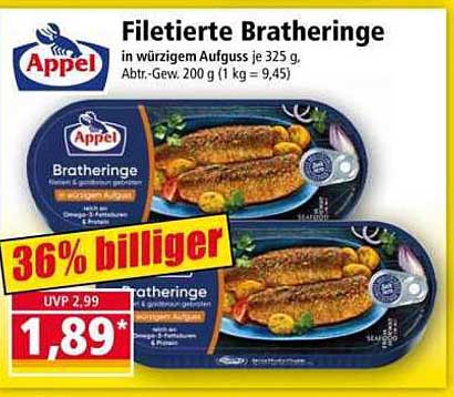 Filetierte Bratheringe in würzigem Aufguss je 325 g, Abtr.-Gew. 200 g