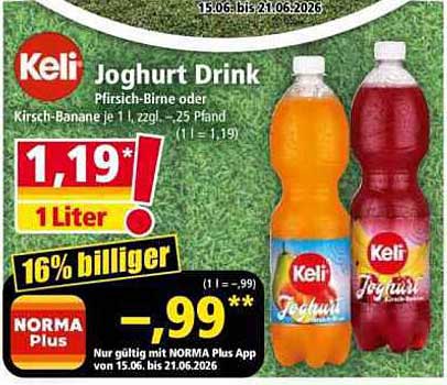 Keli Joghurt Drink Pfirsich-Birne oder Kirsch-Banane 1 l zzgl. 25 Pfand
