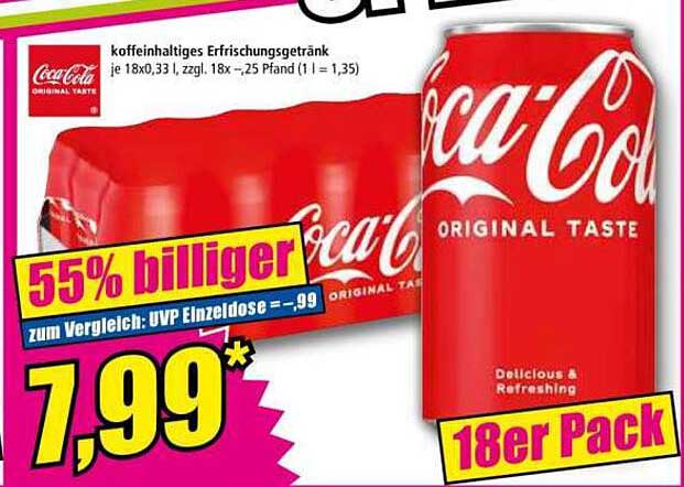 koffeinhaltiges Erfrischungsgetränk je 18x0,33 l, zzgl. 18x -25 Pfand (1 l = 1,35)