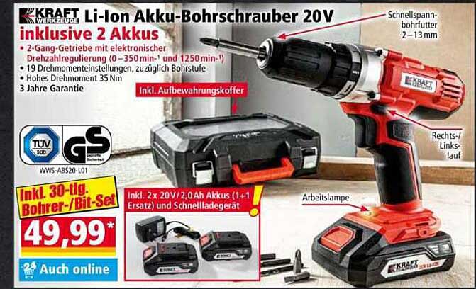 Li-Ion Akku-Bohrschrauber 20V inklusive 2 Akkus