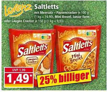 Lorenz Saltletts mit Meersalz – Pausencracker je 100 g (1 kg = 14,90), Mini Brezel, Junior Farm oder Laugen Cracker je 150 g (1 kg = 9,93)