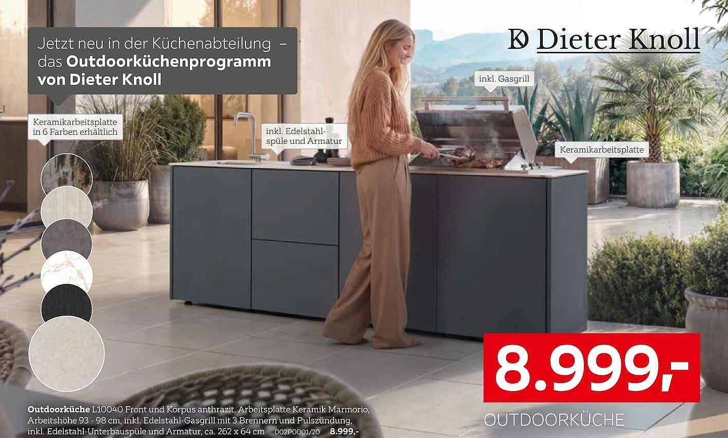 Outdoorküche L10040 Front und Korpus anthrazit, Arbeitsplatte Keramik Marmorio, Arbeitshöhe 93 - 98 cm, inkl. Edelstahl-Gasgrill mit 3 Brennern und Pulszündung, inkl. Edelstahl-Unterbauspüle und Armatur, ca. 262 x 64 cm