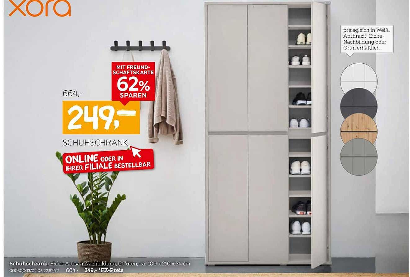 Schuhschrank, Eiche-Artisan-Nachbildung, 6 Türen, ca. 100 x 210 x 34 cm