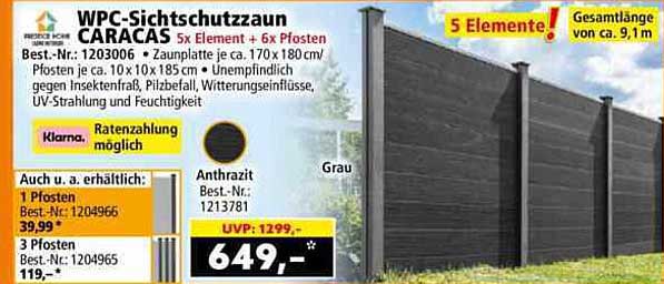 WPC-Sichtschutzzaun CARRAS 5x Element + 6x Pfosten