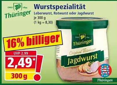Wurstspezialität Lebewurst, Rotwurst oder Jagdwurst je 300 g (1 kg = 8,30)