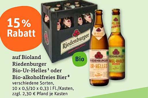 15% Rabatt auf Bioland Riedenburger Bio-Ur-Helles oder Bio-alkoholfreies Bier