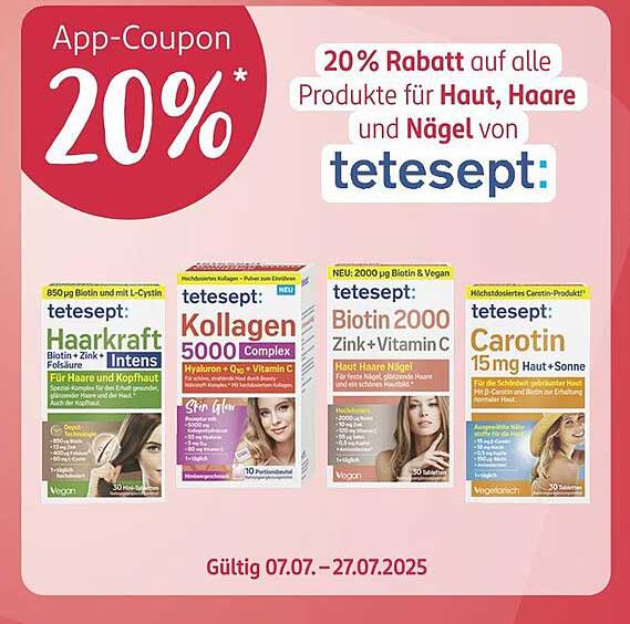 20% Rabatt auf alle Produkte für Haut, Haare und Nägel von tetesept