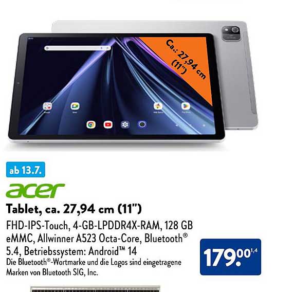 Acer Tablet, FHD-IPS-Touch, 27,94 cm (11") - Jetzt für nur 179,00 €