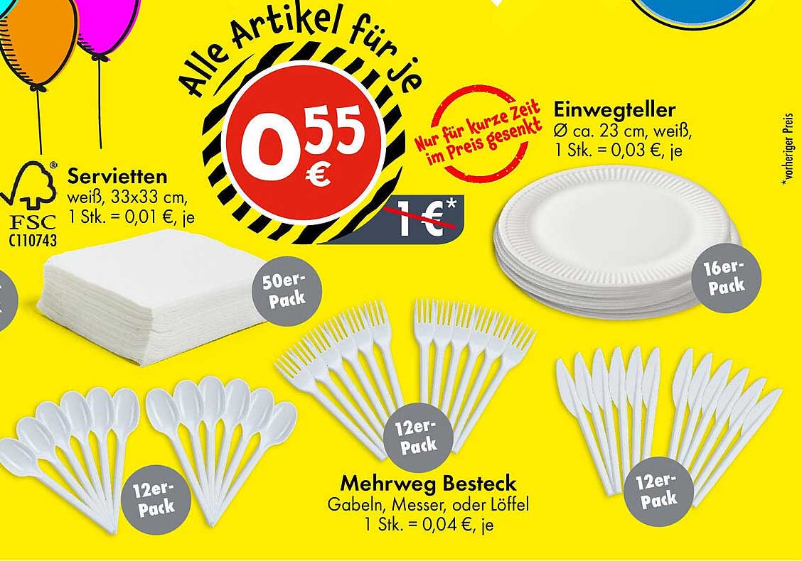 Alle Artikel für je 0,55 € – Servietten, Einwegteller und Mehrweg Besteck
