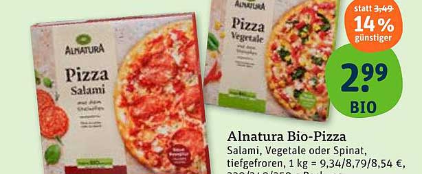 Alnatura Bio-Pizza, Salami oder Vegetale, tiefgefroren