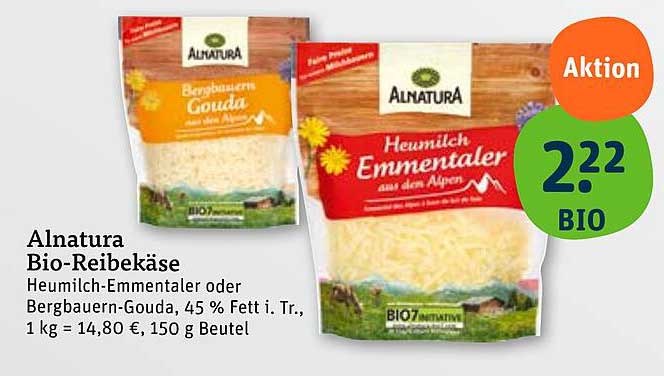 Alnatura Bio-Reibekäse - Heumilch-Emmentaler oder Bergbauern-Gouda