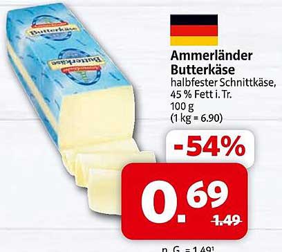 Ammerländer Butterkäse - halbfester Schnittkäse, 45 % Fett i. Tr.