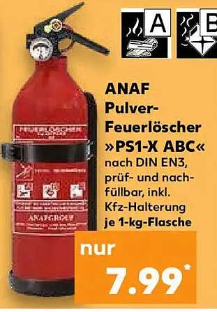 ANAF Pulver-Feuerlöscher »PS1-X ABC« nach DIN EN3, prüf- und nachfüllbar, inkl. Kfz-Halterung je 1-kg-Flasche