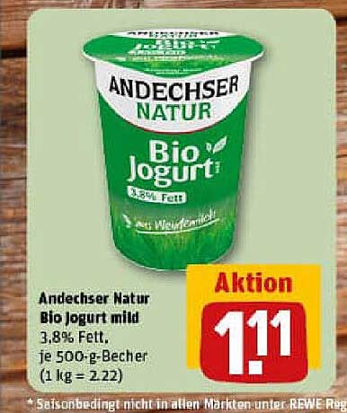 Andechser Natur Bio Jogurt mild 3,8% Fett, je 500 g-Becher