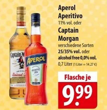 Aperol Aperitivo oder Captain Morgan – Flasche je nur 9,99 €