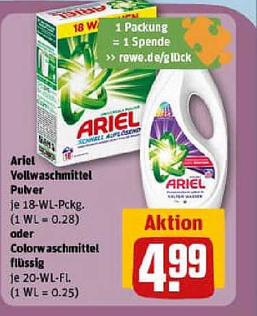 Ariel Vollwaschmittel Pulver 18 WL oder Colorwaschmittel flüssig 20 WL - Aktion 4,99 €