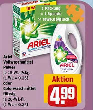 Ariel Vollwaschmittel Pulver 18 WL-Packung oder Colorwaschmittel flüssig 20 WL-Flasche