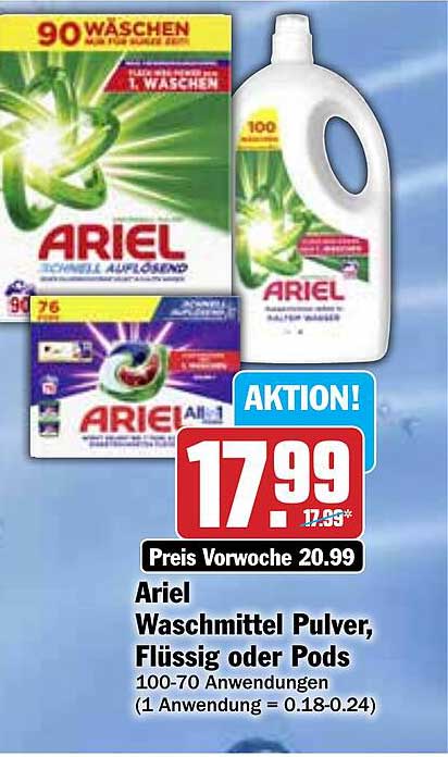 Ariel Waschmittel Pulver, Flüssig oder Pods 100-70 Anwendungen