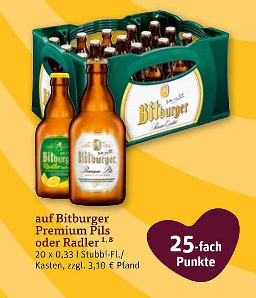 auf Bitburger Premium Pils oder Radler 1,8 20 x 0,33 l Stubbi-Fl./Kasten, zzgl. 3,10 € Pfand